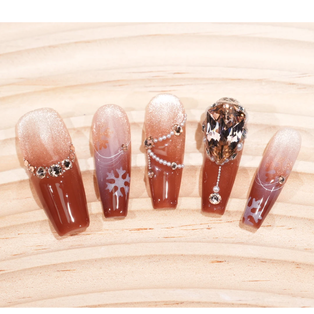 【雪顶玛奇朵】全华施华洛华子雪花盾牌钻秋冬色细闪满钻长款穿戴甲