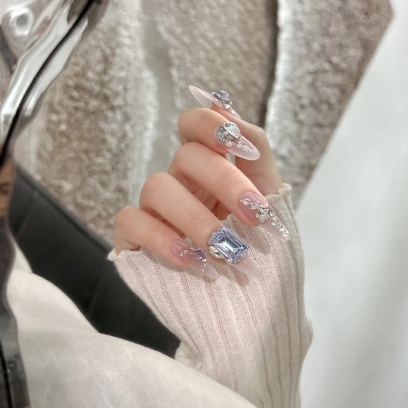 【紫恋】施华洛手工定制系列长款浅紫色大颗方钻穿戴甲