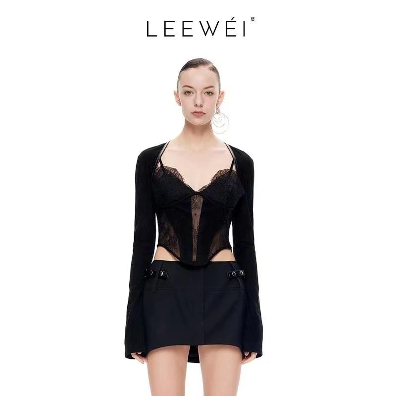 LEEWEI设计师品牌[output]拼接蕾丝吊带袖套两件式上衣