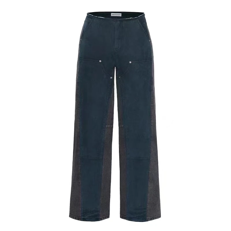TRINITE*Panelled Jeans灰黑色分割拼接毛边腰头dirtyfit阔腿长裤