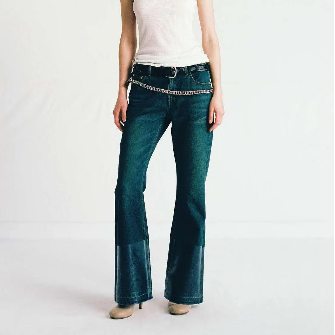 TRINITE设计师品牌[output] 墨蓝绿色中腰紧身喇叭涂层九分牛仔裤