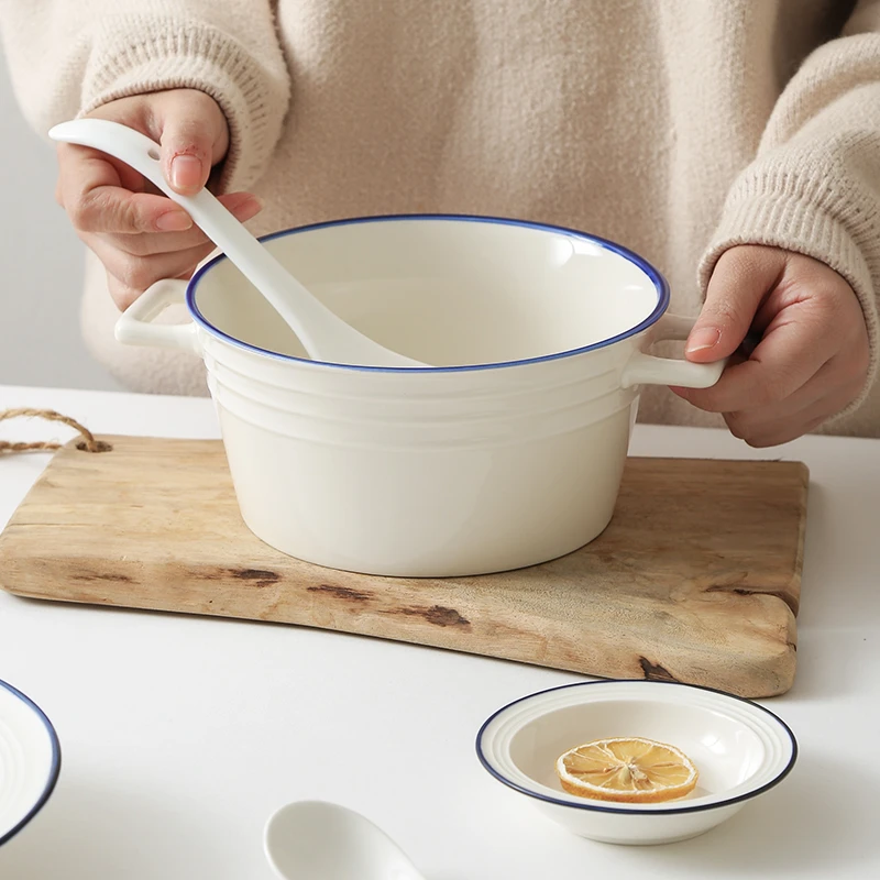 新纯色蓝边双耳汤碗+汤勺陶瓷餐具组合装不可明火