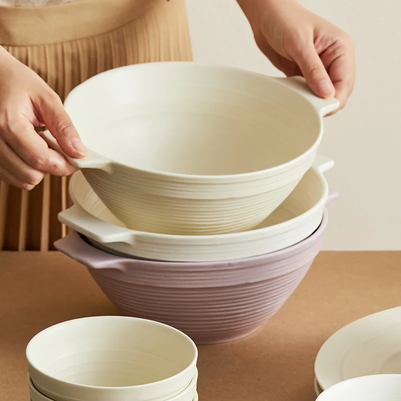 奶油三色陶瓷双耳汤碗家用陶瓷餐具