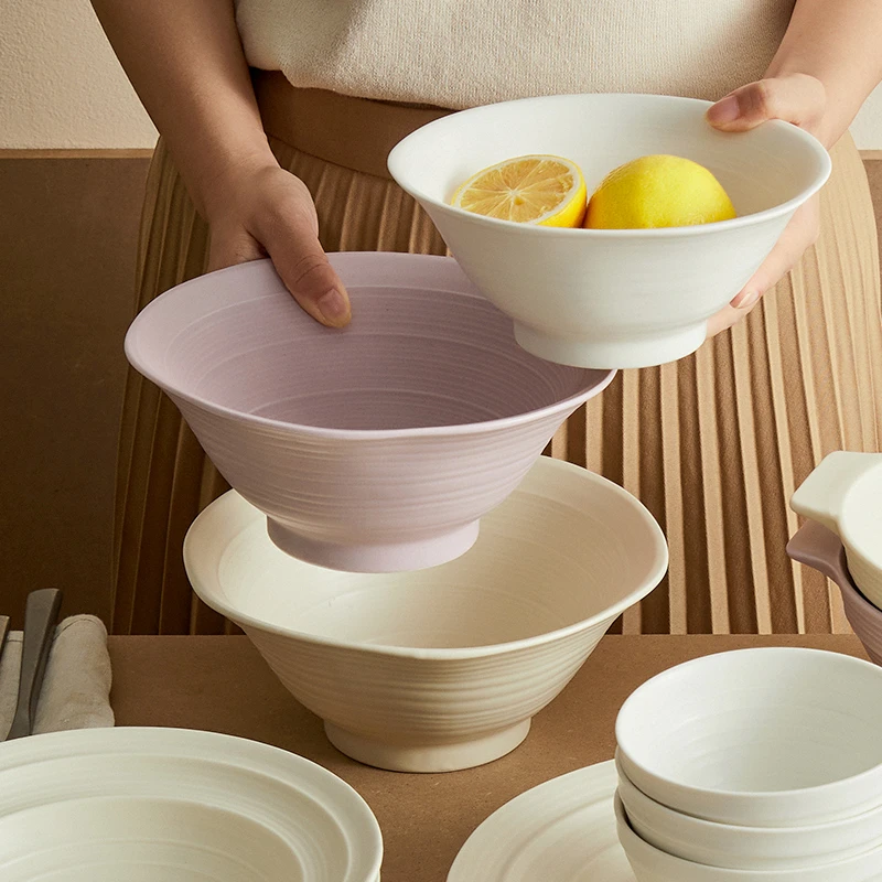 妮可 奶油三色7英寸拉面碗2只装家用陶瓷餐具易清洗耐高温