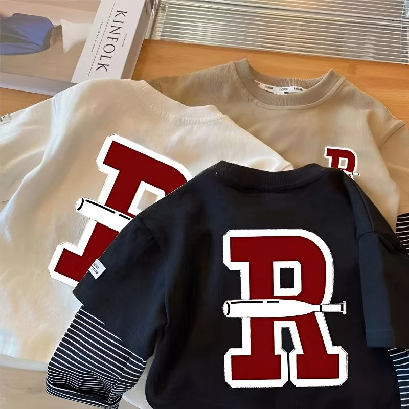 纯棉男童长袖T恤假两件春秋新款韩版中大童宝宝圆领上衣服打底衫