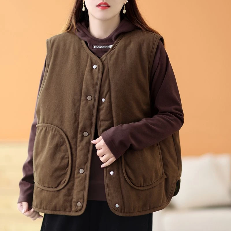 双面穿棉质复古滚边半圆口袋棉马夹女宽松大码休闲夹棉马甲外套冬