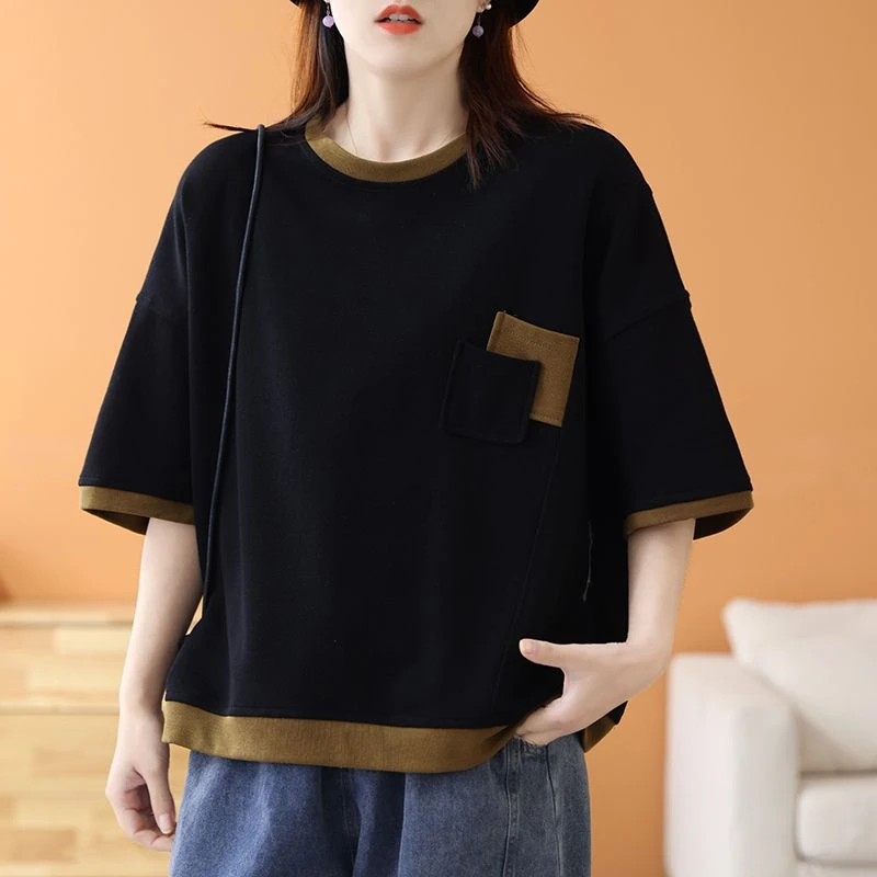 高品质撞色五分袖T恤女2023春夏新款文艺小口袋圆领宽松大码上衣