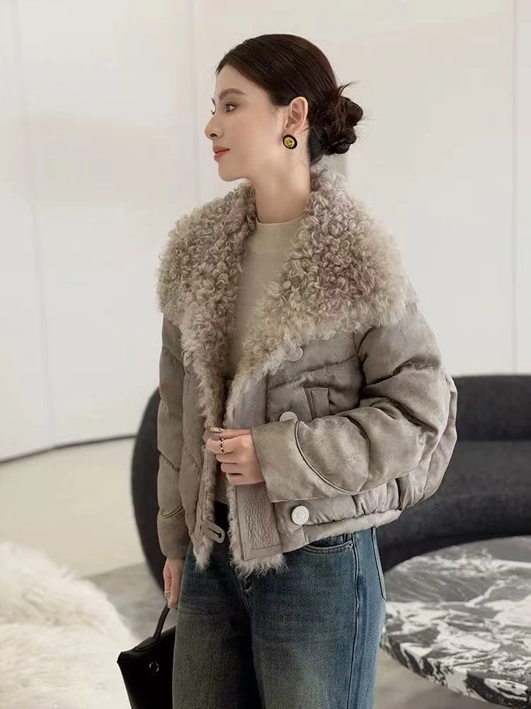 菲菲时髦鹅绒服女大衣2024冬季新款皮毛一体拼年轻款羽绒服外套