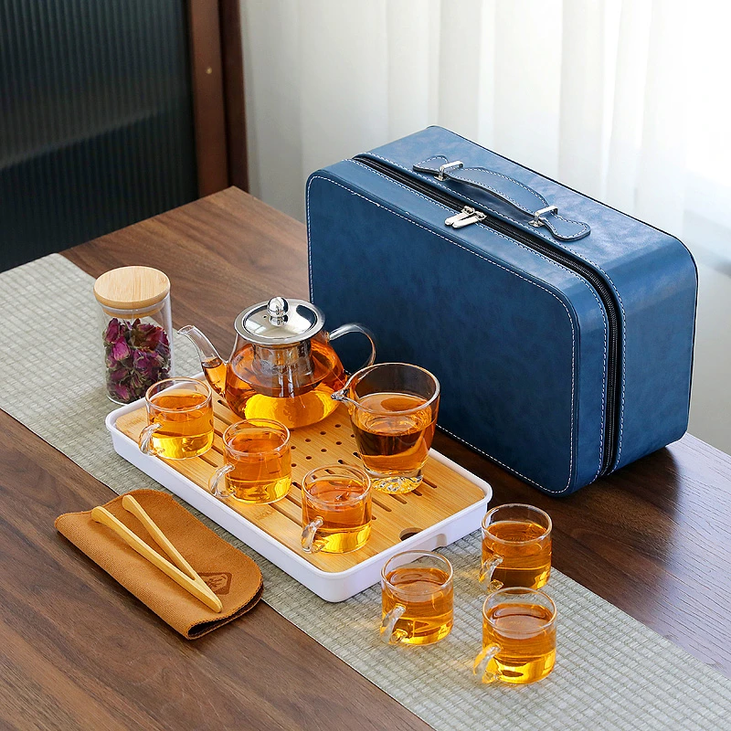 户外便携式旅行玻璃功夫茶具小套装家用高档泡喝茶杯茶壶茶盘装备