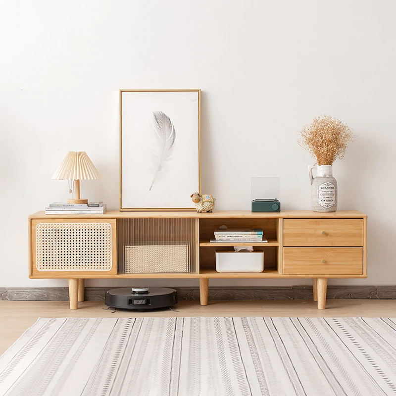 日式电视柜茶几组合现代简约客厅家用小户型影视柜全竹木地柜套装