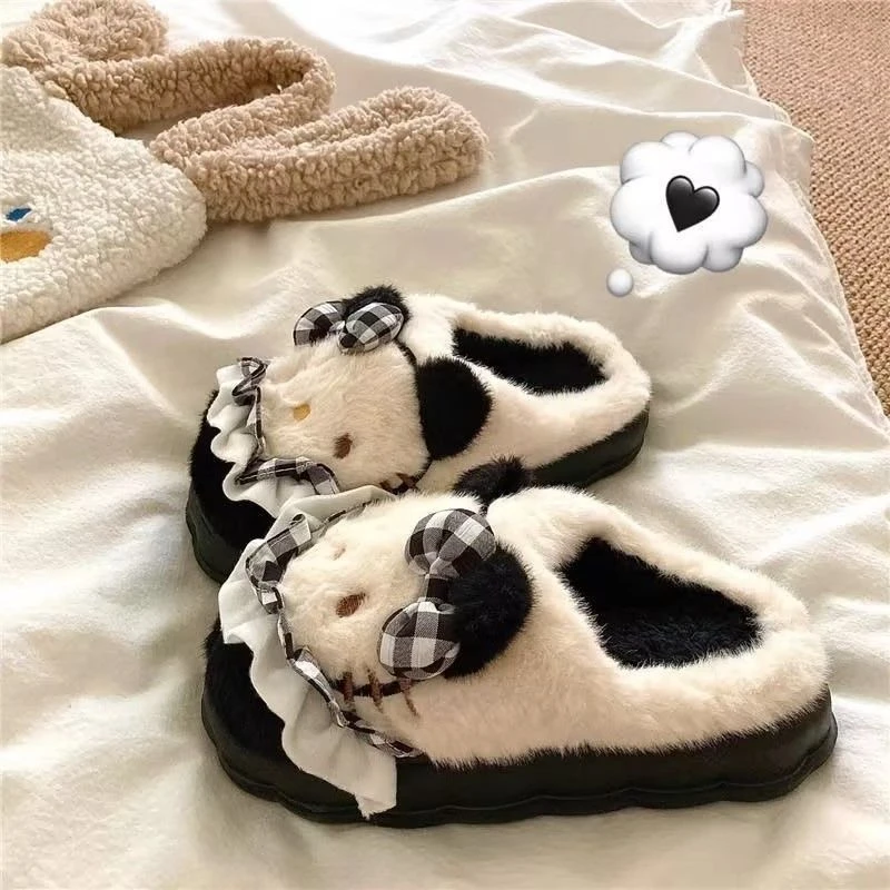 可爱kitty猫卡通室内居家拖鞋冬季防滑加绒加厚包头毛毛棉拖鞋