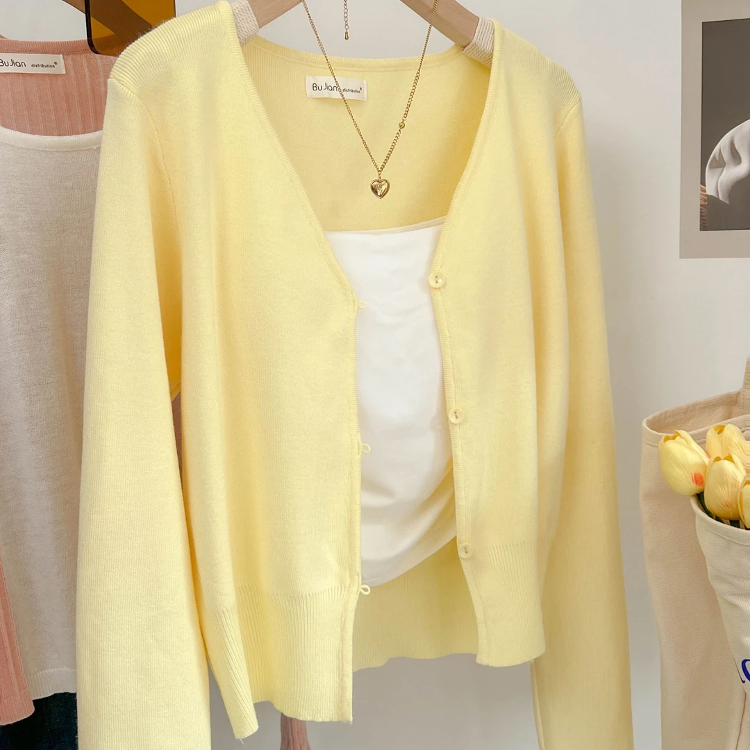 早秋奶黄色针织开衫女2025春季新款修身百搭简约针织衫毛衣外套女