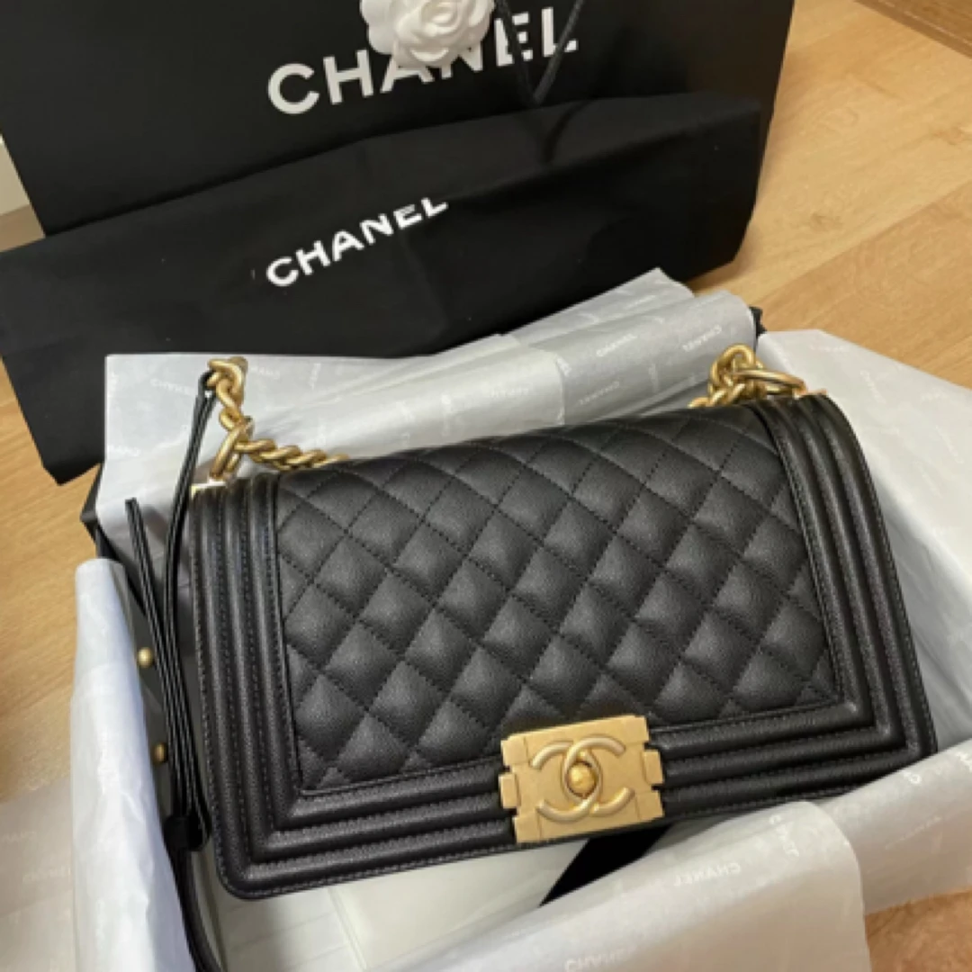 95新 Chanel/香奈儿 艾瑟尔奢品/黑金荔枝leboy休闲单肩包/8492