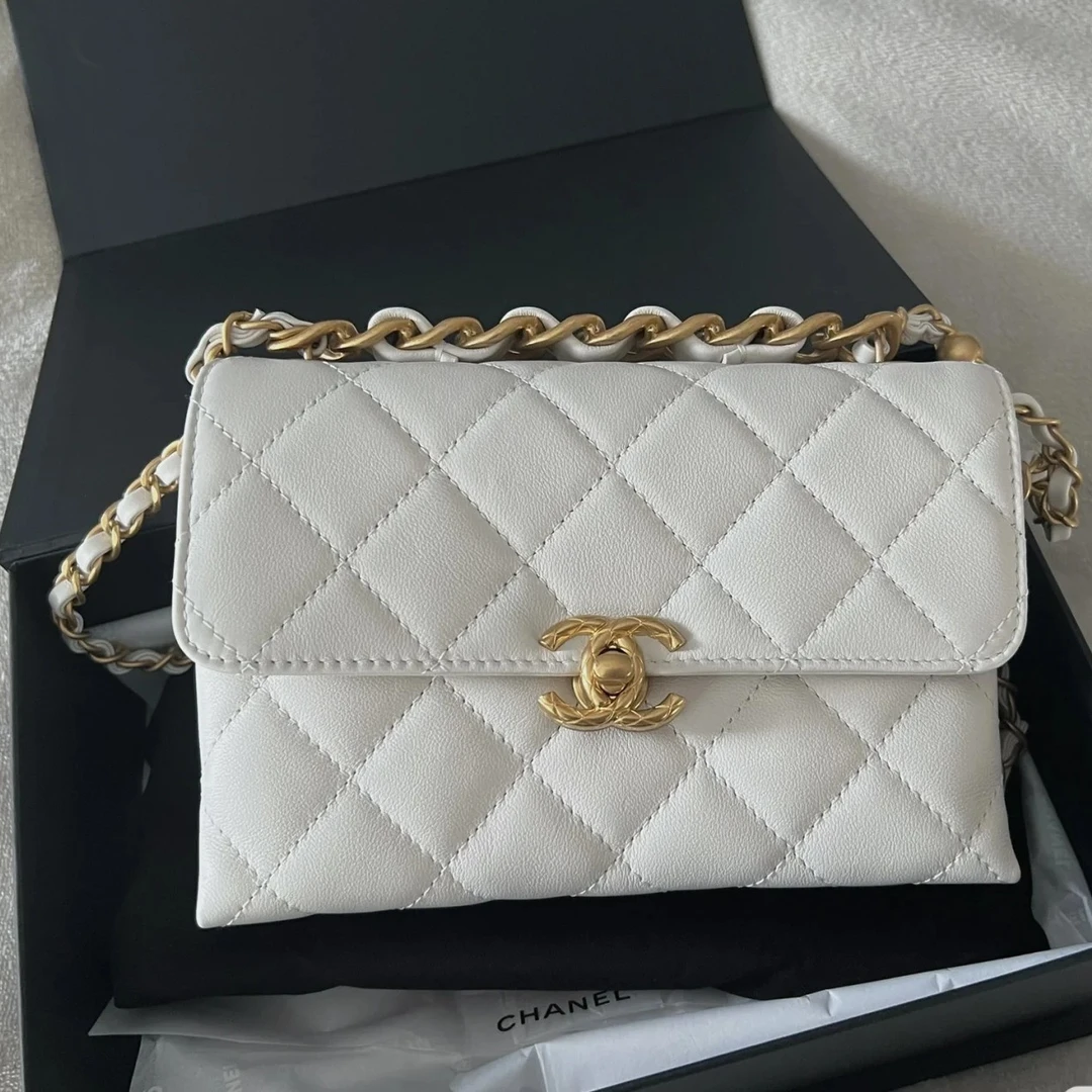 95新 Chanel/香奈儿 艾瑟尔奢品/22s白金双金球白色手提包/芯片