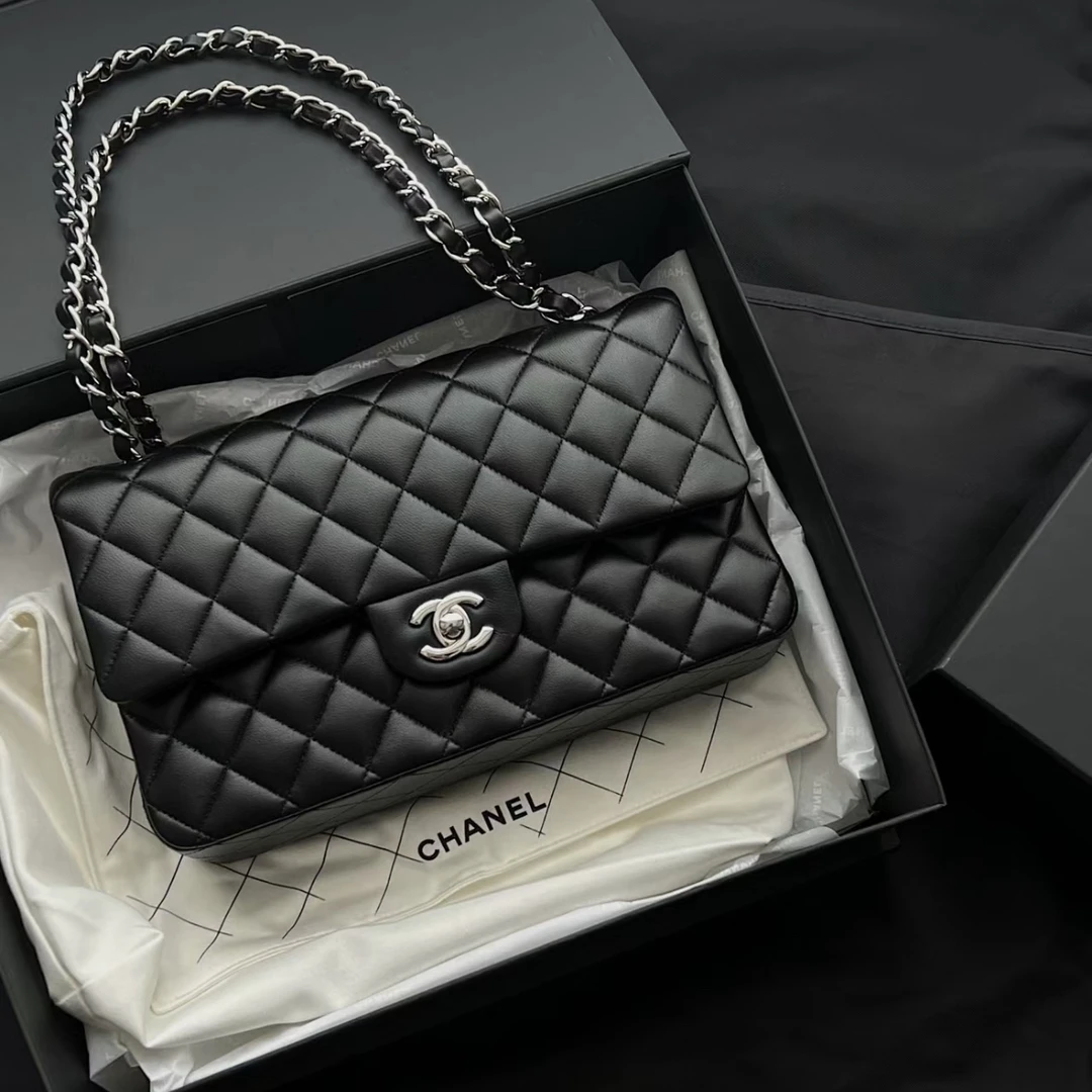 95新 Chanel/香奈儿 艾瑟尔奢品/黑银中号cf单肩包/4627