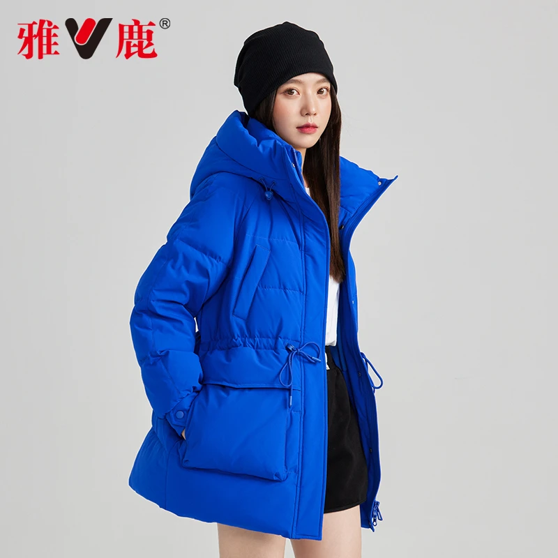 V/雅鹿YT901W00510中长款羽绒服女2022年冬季新款连帽保暖白鸭绒