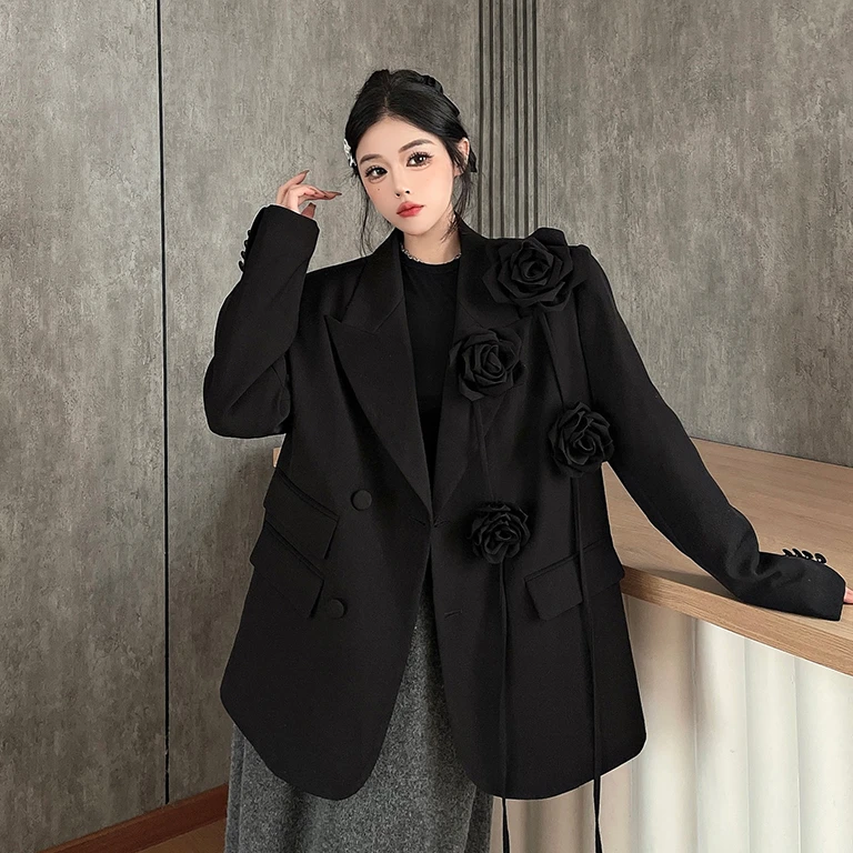 高品质黑色立体花朵重工西装外套小众设计高级感宽松休闲西服上衣