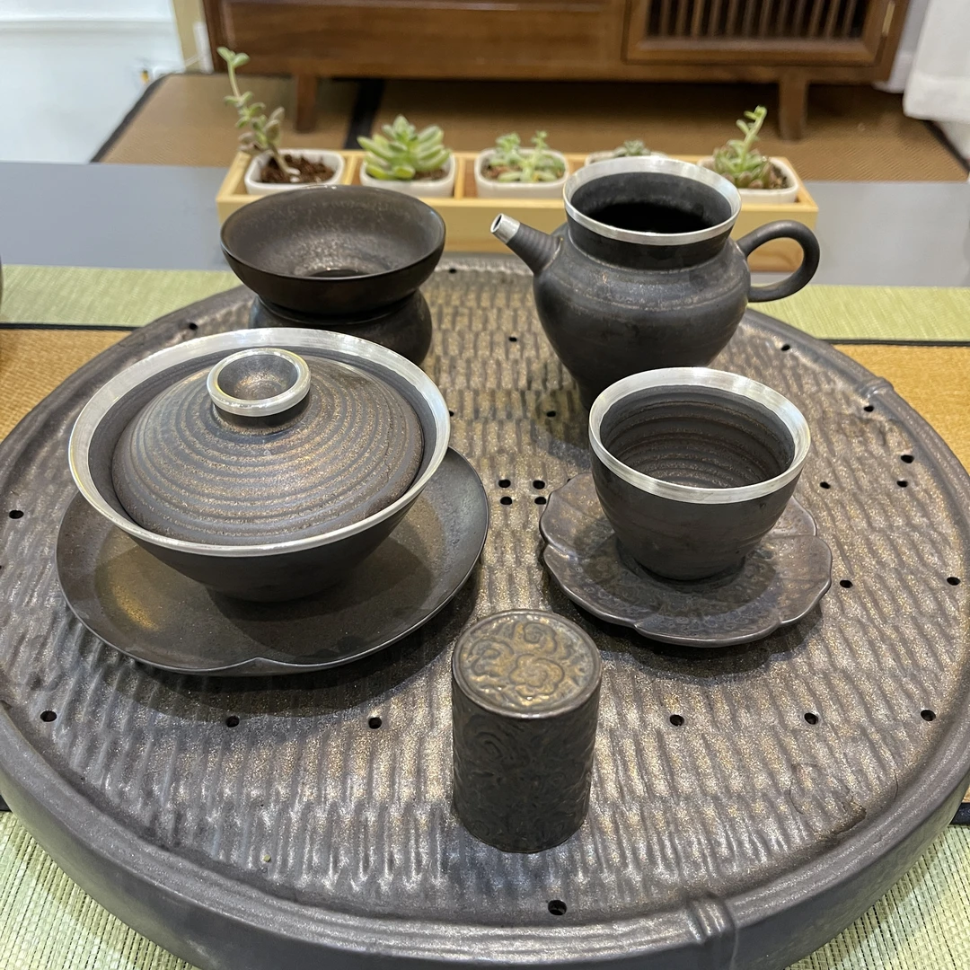 泥巴人古铜盖碗套装(三才盖碗 主人杯 杯垫 盖置 公道杯 过滤)