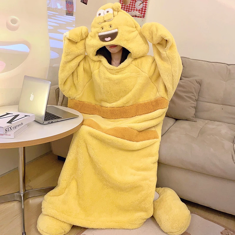 爆笑虫子睡衣珊瑚绒加厚情侣睡袍女冬长款卡通搞怪家居服男可外穿