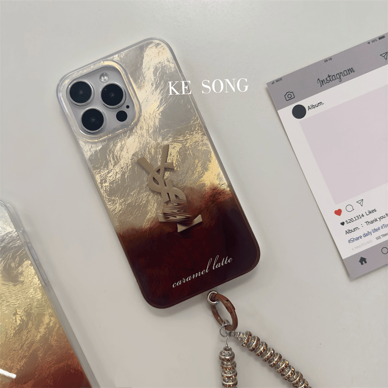 高定ins风简约棕色锡纸渐变双层IMD适用苹果手机壳15/14/13/12