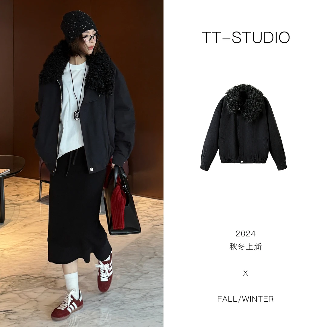 MCOMINILIVES【大毛领】汉麻棉羊羔毛领秋冬御寒夹棉短外套TT-W1033