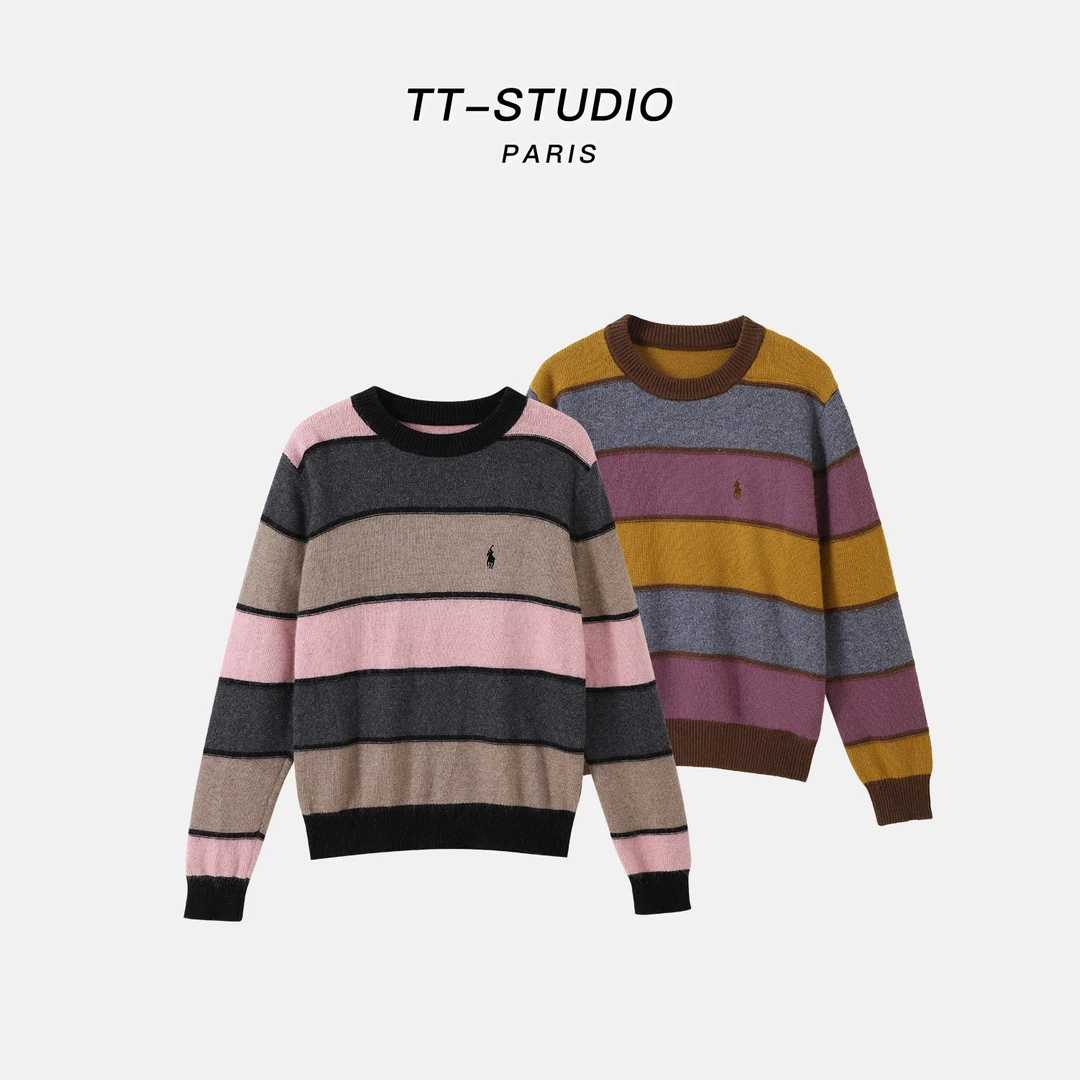 MCOMINILIVES「多彩」精纺绵羊毛580克重撞色条纹针织毛衣TT-MB125