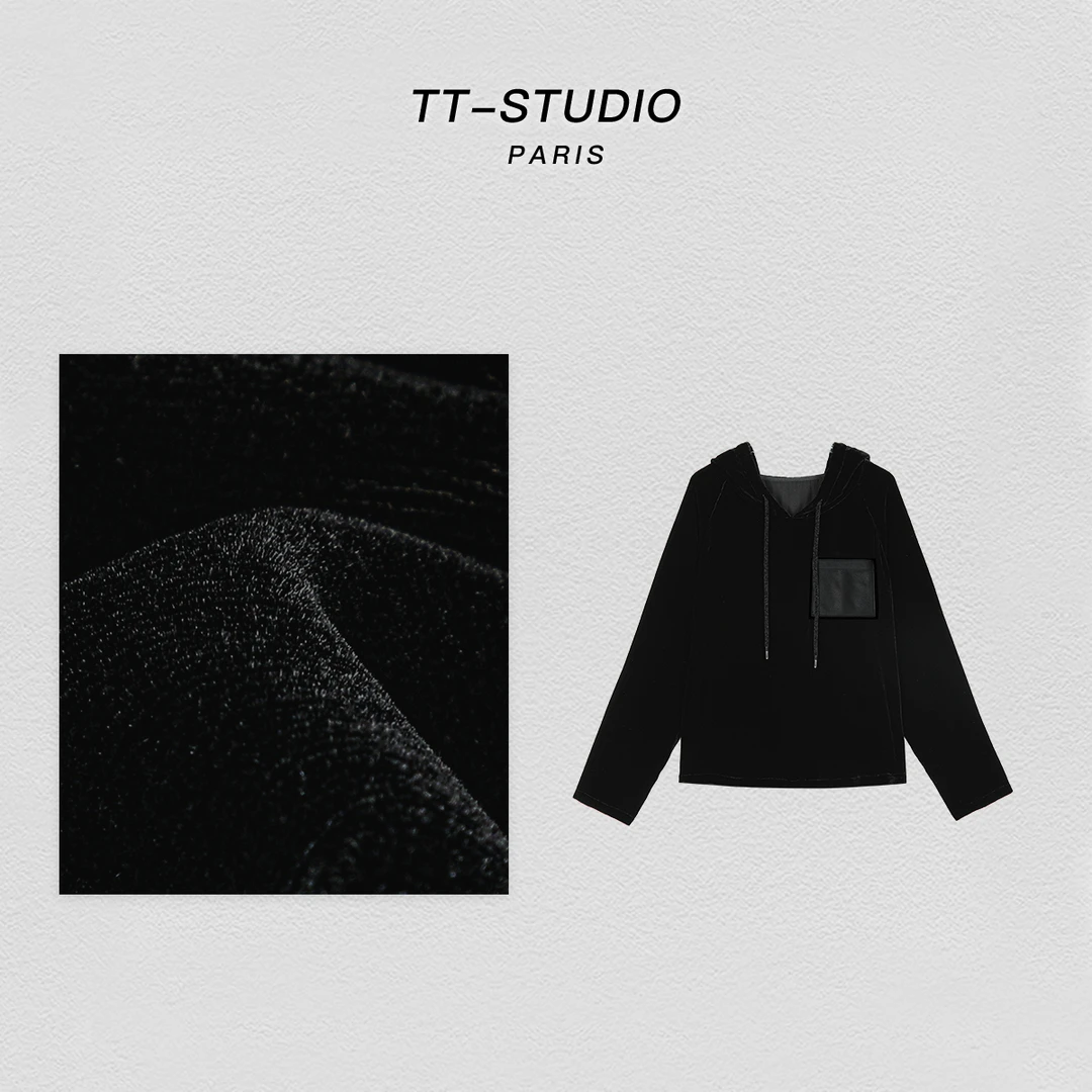 MCOMINILIVES「黑美人」100%桑蚕丝百搭连帽上衣丝绒卫衣女TTW-058