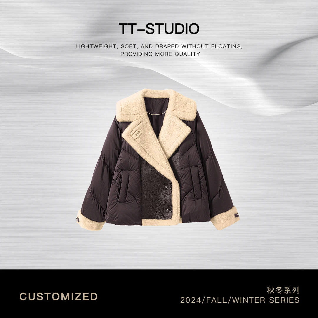 TT「大翻领」90%白鹅绒复古绵羊皮毛翻领冬季外套保暖羽绒服TT-T301