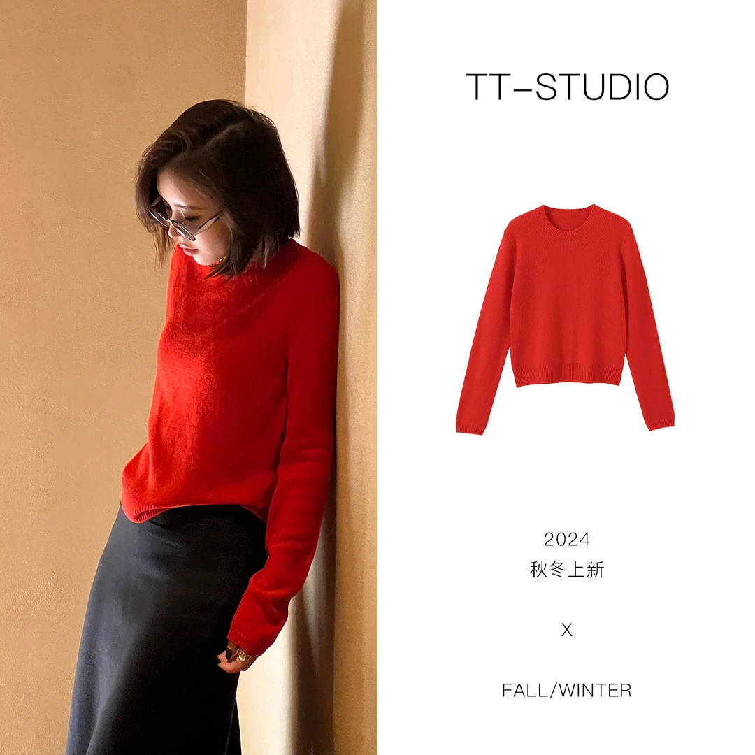 TT「彩宝」山羊绒+美丽诺绵羊毛衫长袖红色保暖针织衫毛衣TT-XC111