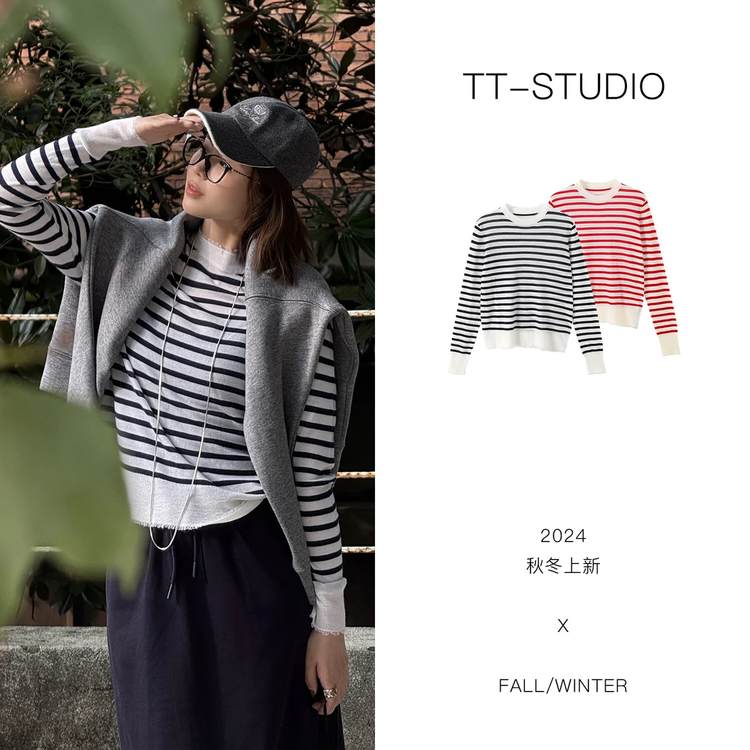 MCOMINILIVES「小确幸」100%绵羊毛撞色条纹针织毛衣TT-WX5894