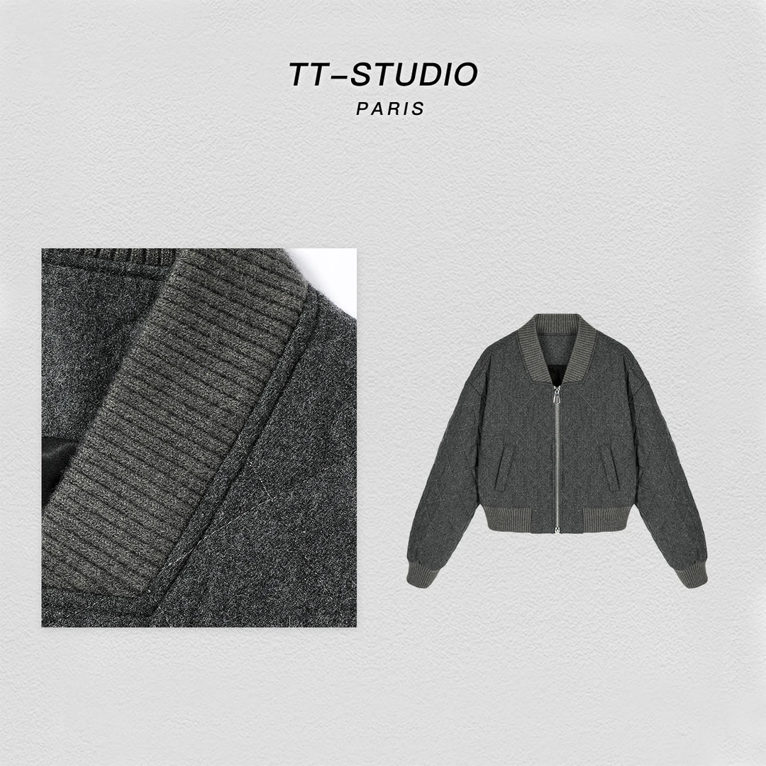 MCOMINILIVES「格雷女孩」100绵羊毛秋冬限定v领棒球服棉外套TT-008