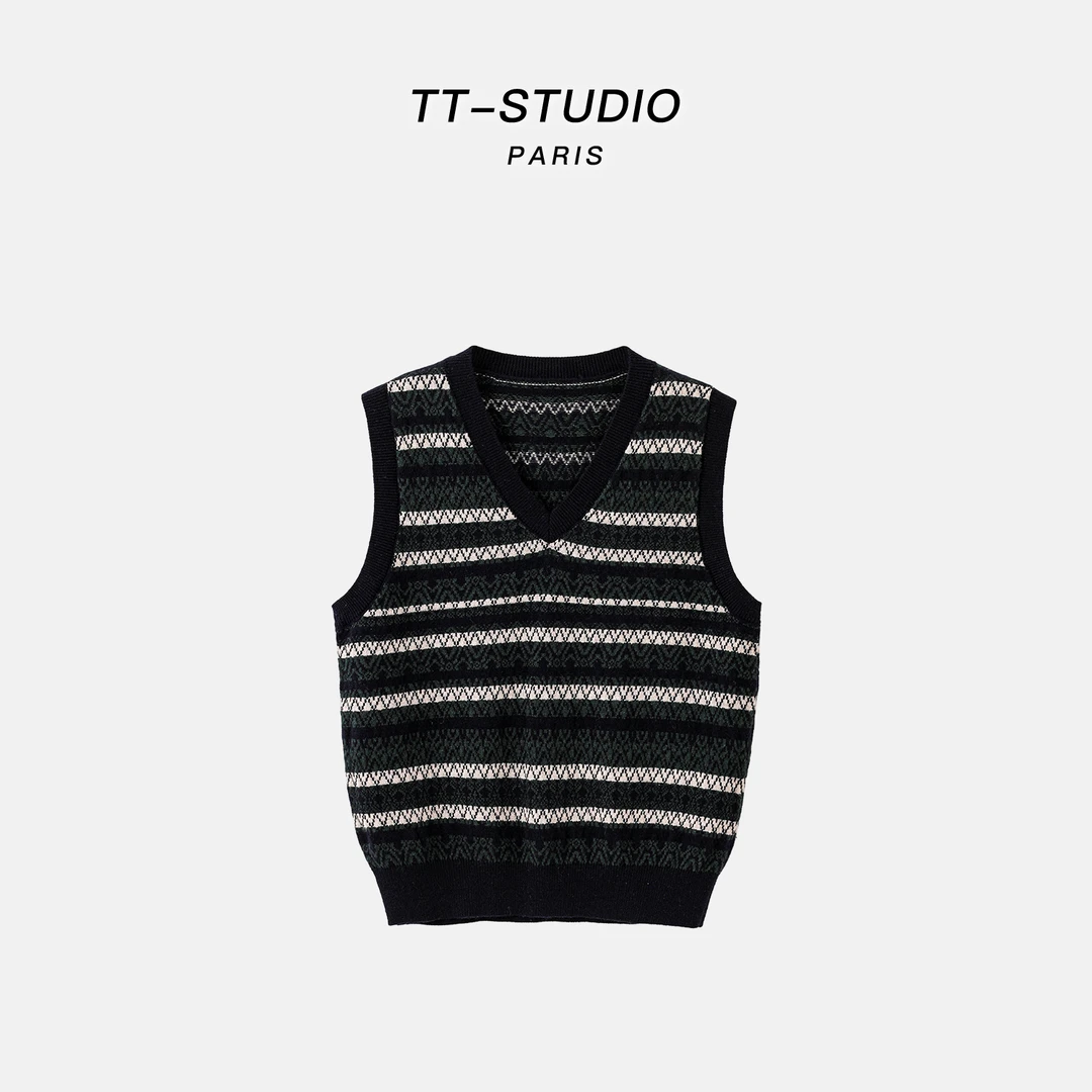 MCOMINILIVES【风琴】羊毛混纺撞色条纹轻奢针织衫背心上衣TT-SH052