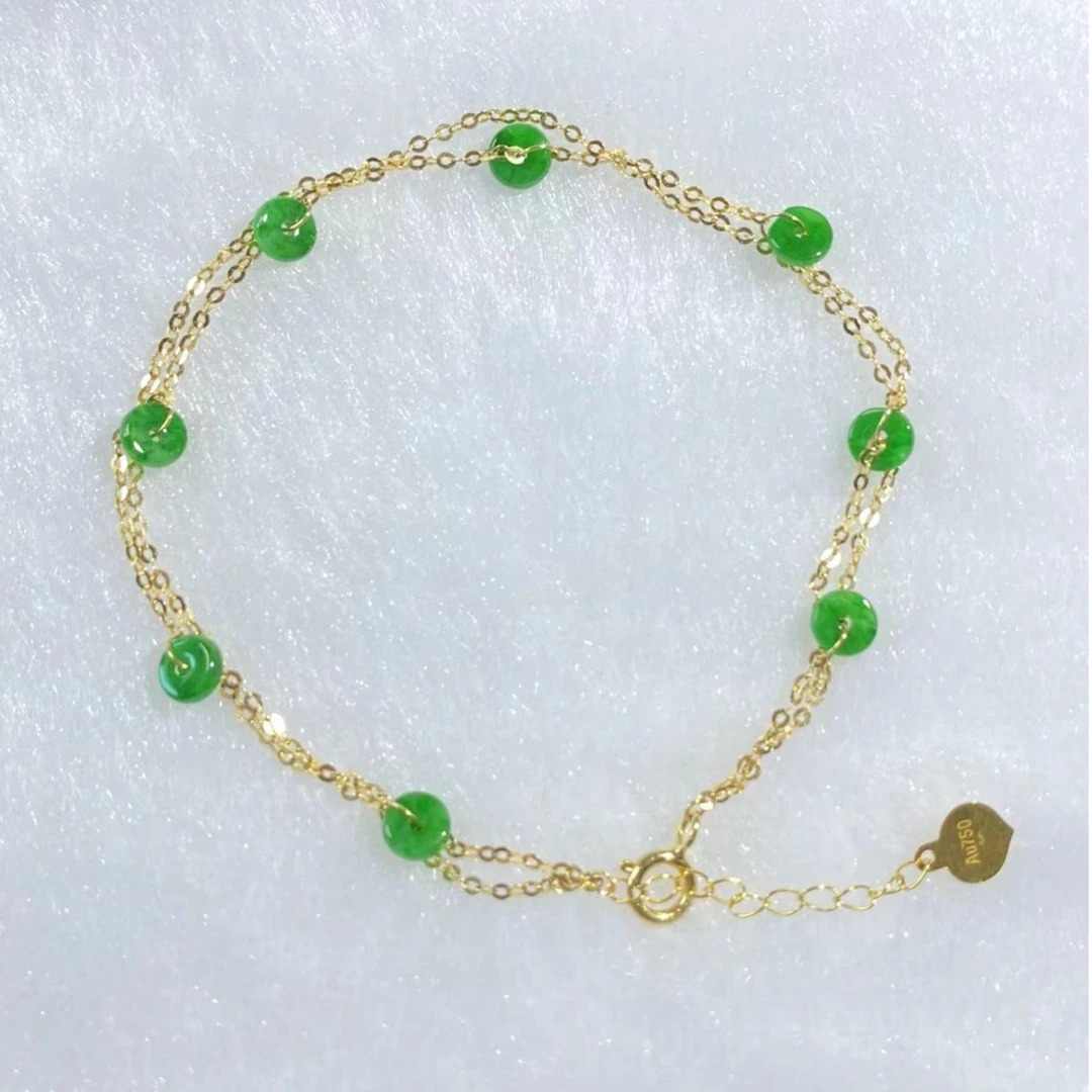 18k金镶嵌缅甸A货精美翡翠手链金手链珠珠绿色编织百搭时尚轻奢