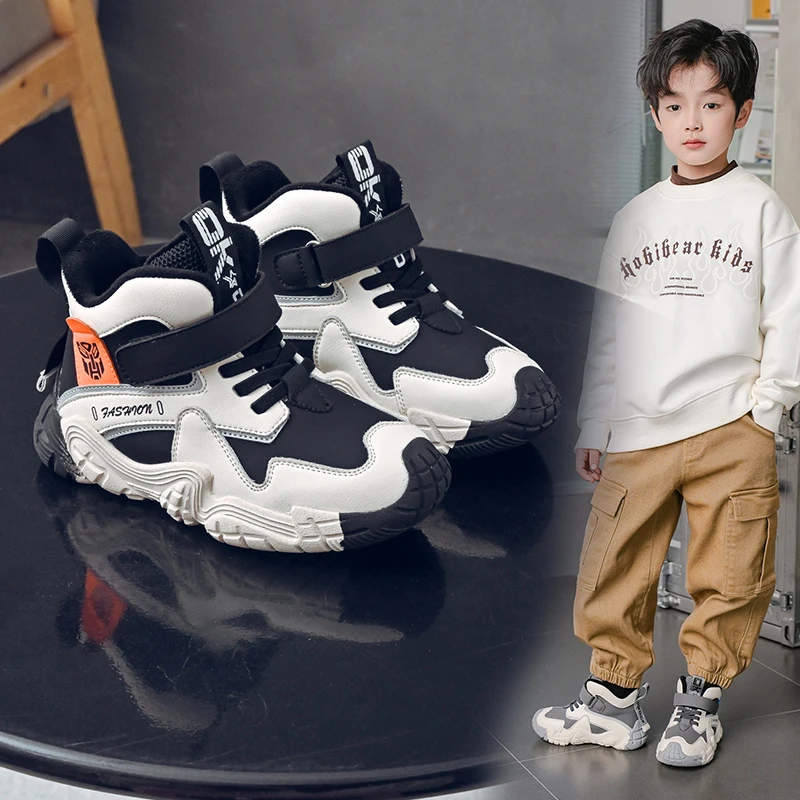 男童透气防滑运动鞋儿童秋冬鞋子加绒大棉防滑保暖中帮中大童冬鞋