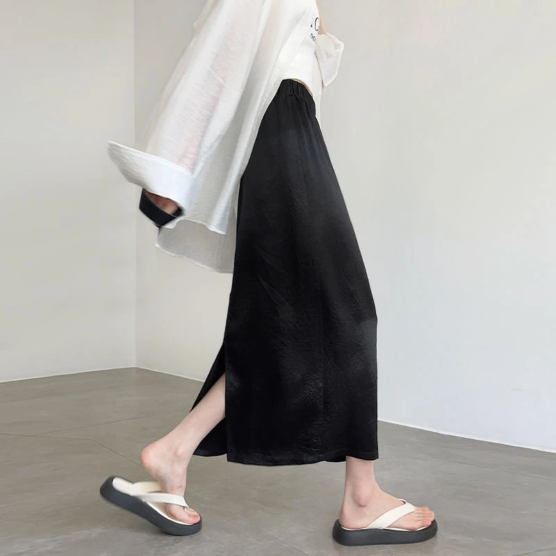 黑色半身裙女夏季2025新款显瘦百搭松紧腰新中式国风肌理感a字裙