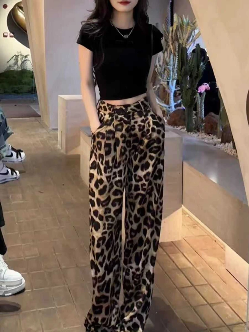 欧货豹纹直筒裤2025女夏季新款高腰宽松显瘦高级感薄款阔腿休闲裤