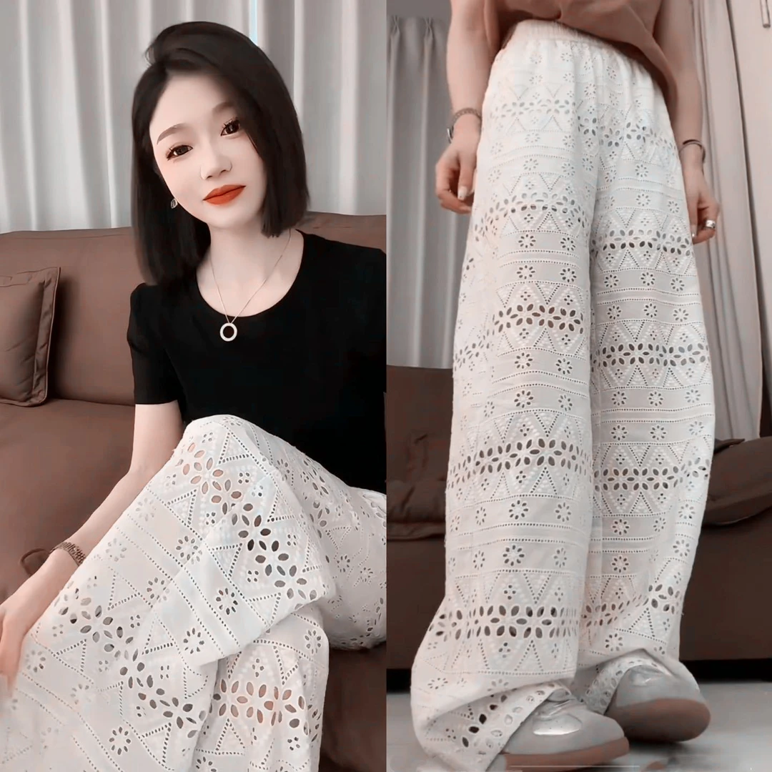 大码女装夏季薄款高腰蕾丝镂空时尚阔腿裤胖mm宽松显瘦直筒休闲裤