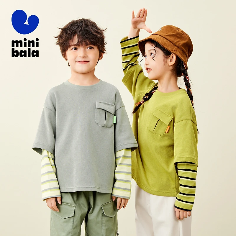 【工装风】迷你巴拉男女童2025春新品上衣假两件长袖T恤