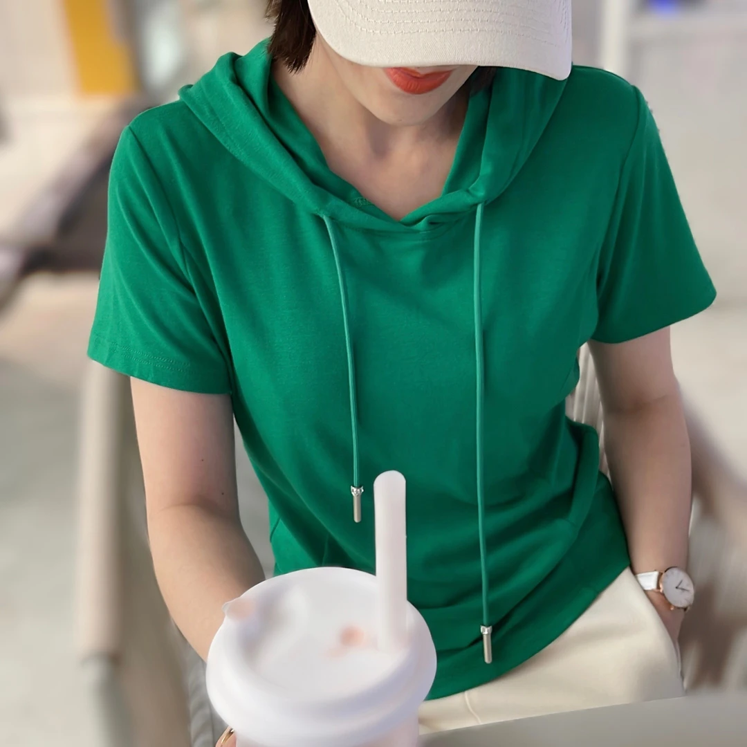 新款连帽抽绳弹力显瘦短袖T恤6609069