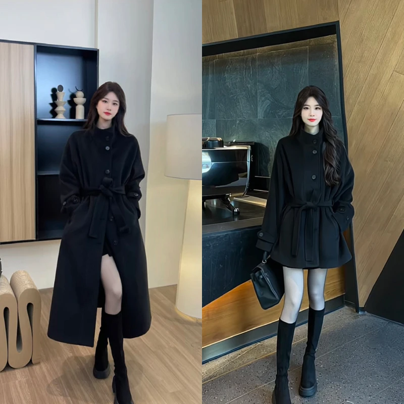 【N492】冬日暮色冬季厚毛呢外套甜妹黑色高级设计感中长款大衣女