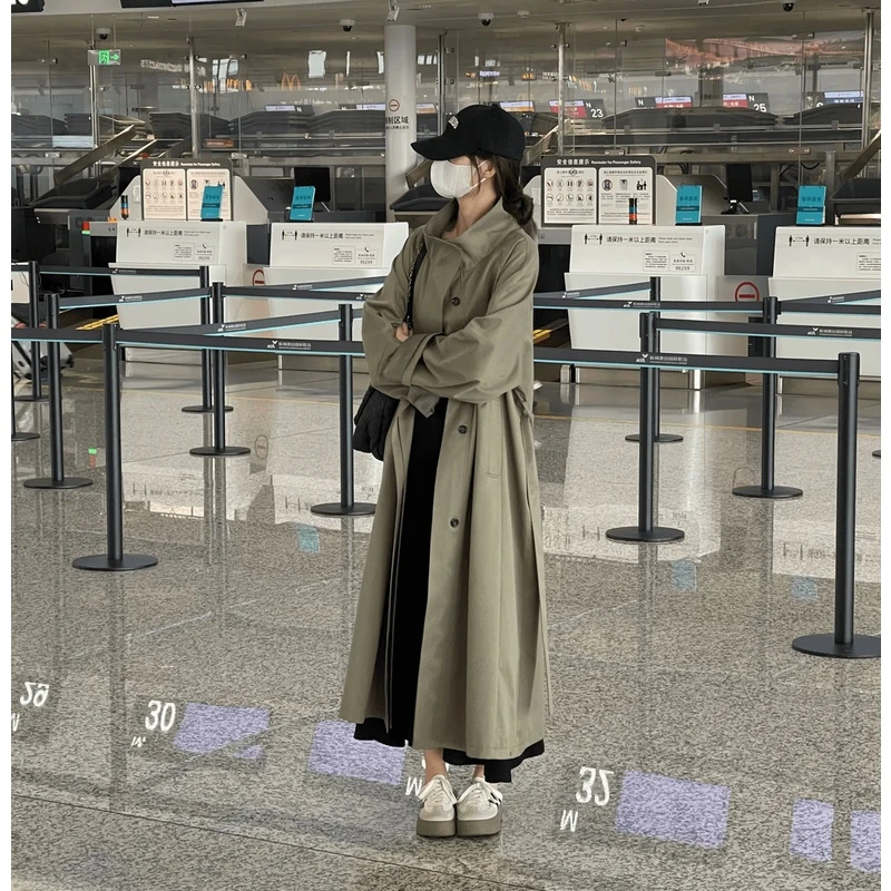 【F371】新款小个子高级垂感休闲长款大衣慵懒风宽松风衣外套女