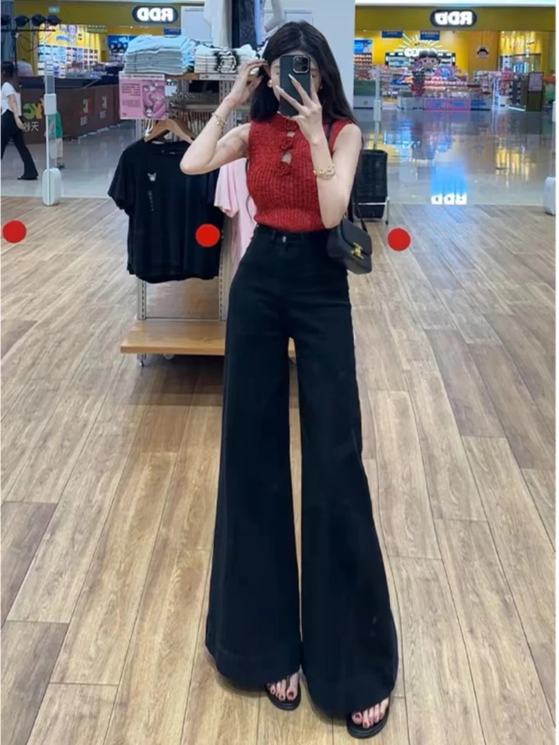 【黎黎推荐】黑色百搭高腰超阔腿牛仔裤女小个子遮肉显瘦长裤111