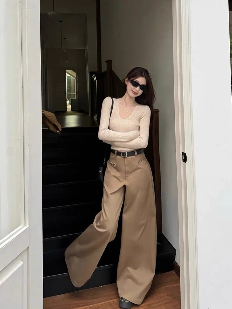 【黎黎新款JC303】复古牛仔裤宽裤腿美拉德色设计感阔腿303春款女装