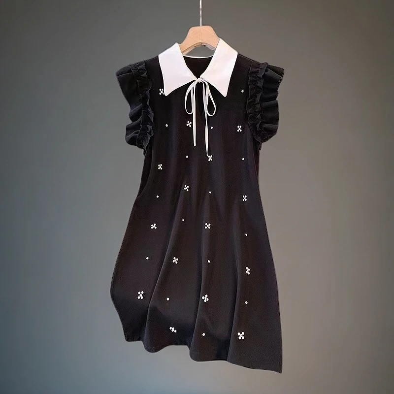 黑色夏季纯色洋气荷叶边法式小飞袖显瘦百搭设计感连衣裙气质