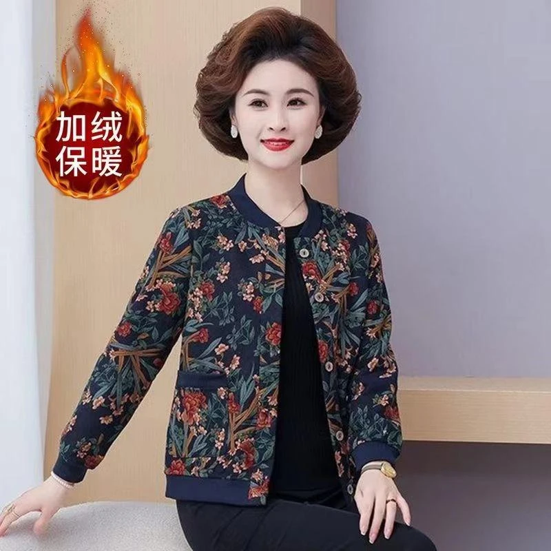 妈妈装秋冬装外套加绒碎花短款秋季大码中老年女装洋气棒球服上衣