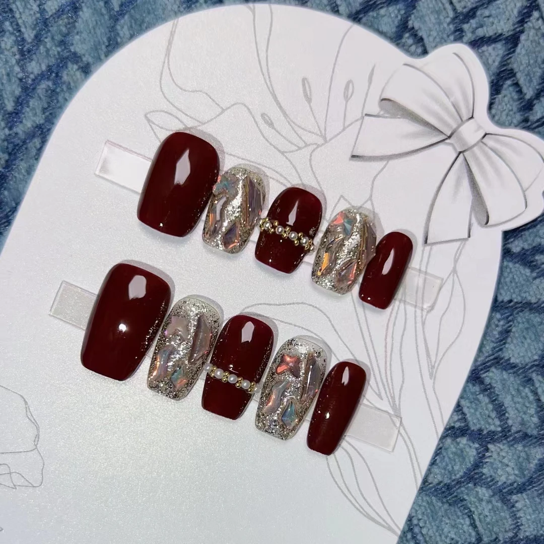 【小香风】新年红色穿戴甲 猫眼穿戴甲 珍珠穿戴甲 手工穿戴甲