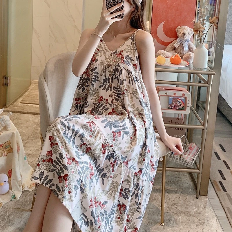 露背棉绸睡裙女夏薄款性感人造棉吊带裙日系宫廷风粘纤睡衣家居服