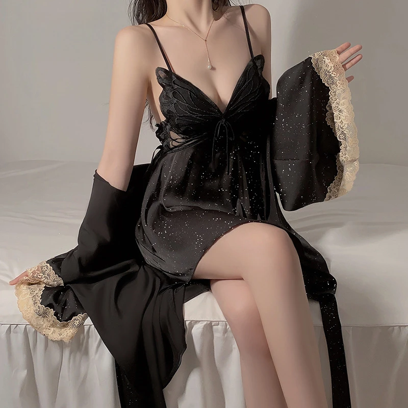 轻奢亮星大码睡衣撒银缎面蝴蝶加胸垫吊带睡裙外袍家居服高级感