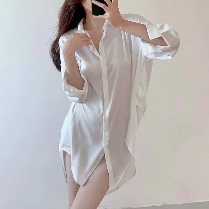 【BF睡裙】2025春季性感高定轻奢睡裙新款男友风衬衫家居服白色宽松