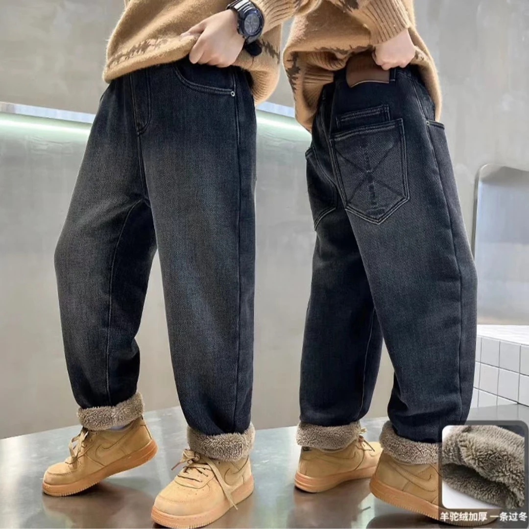 男童加绒牛仔裤冬装加厚儿童保暖老爹裤韩版中大童一体绒